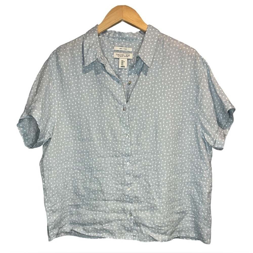 Rachel Zoe 100% Linen Light Blue Polkadot Women's Short-sleeve Button Up Shirt